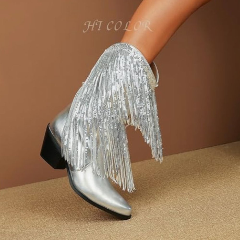 Women's Thick-heeled Western Pointed Silver Tassel and Sequin Booties in Silver - Picture 2 of 6